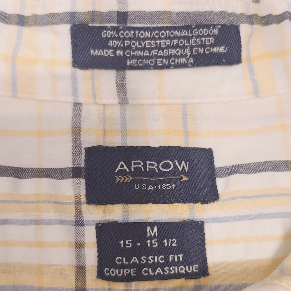 Arrow Classic Fit - Button-Down Shirt Men’s Med Yellow Blue Plaid Short Sleeve - Picture 6 of 8